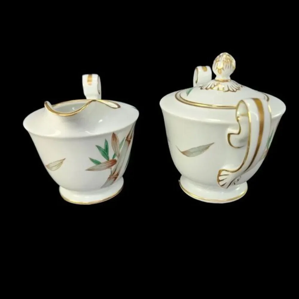 Noritake Canton Creamer Sugar Bowl With Lid Set Gold Trim Bamboo Japan Vtg READ‎